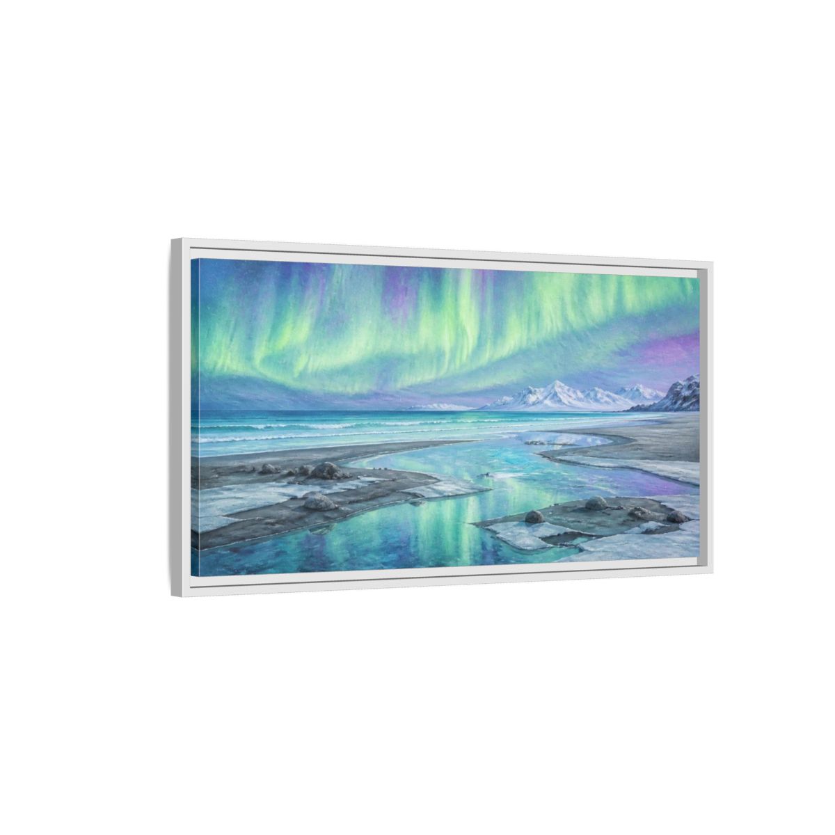 Side Mockup 1. Aurora Coastal Beach shown as framed canvas print