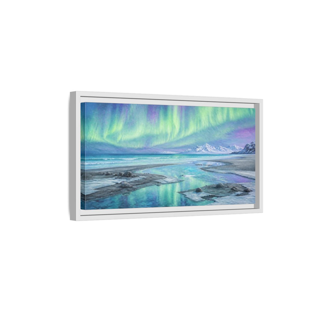 Side Mockup 6. Aurora Coastal Beach shown as framed canvas print