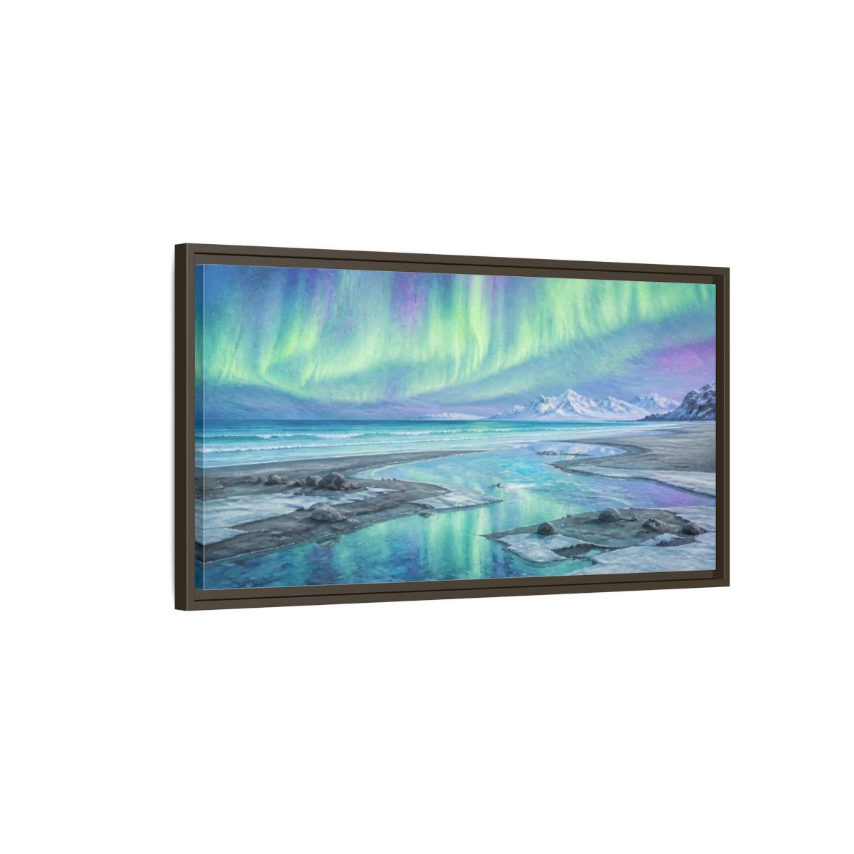 Main Mockup. Aurora Coastal Beach shown as framed canvas print
