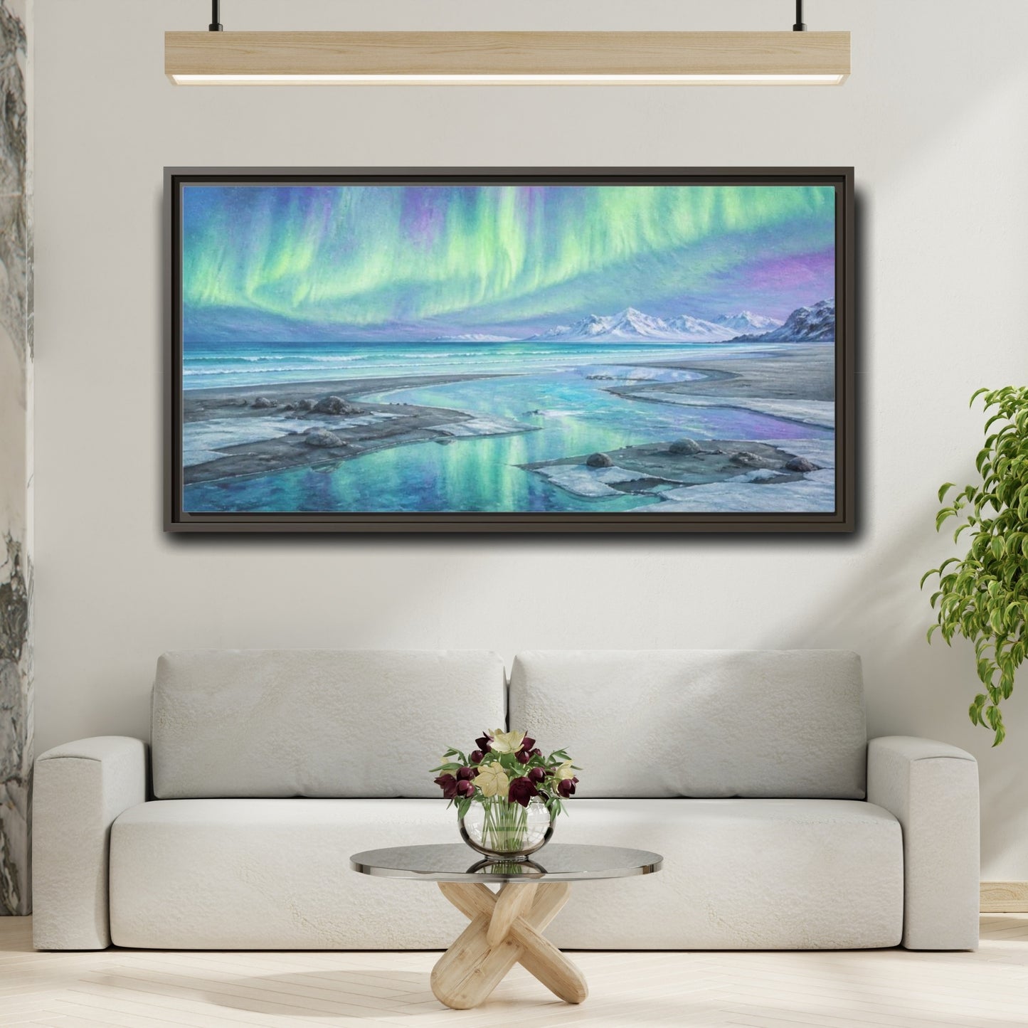 Mockup 2. Aurora Coastal Beach shown as framed canvas print