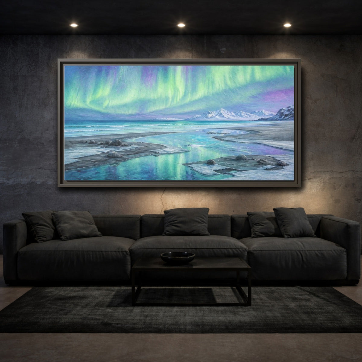 Mockup 3. Aurora Coastal Beach shown as framed canvas print