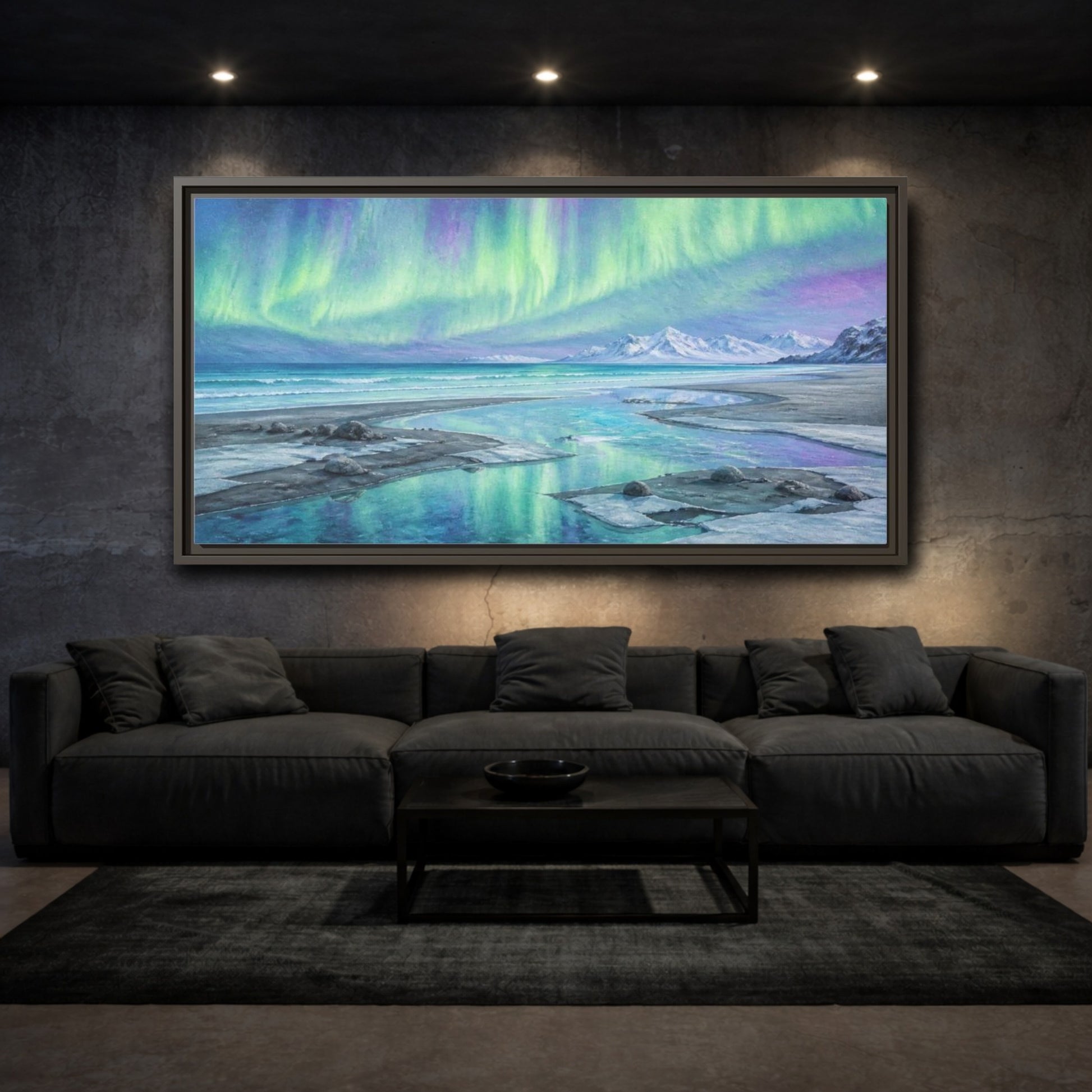 Mockup 3. Aurora Coastal Beach shown as framed canvas print