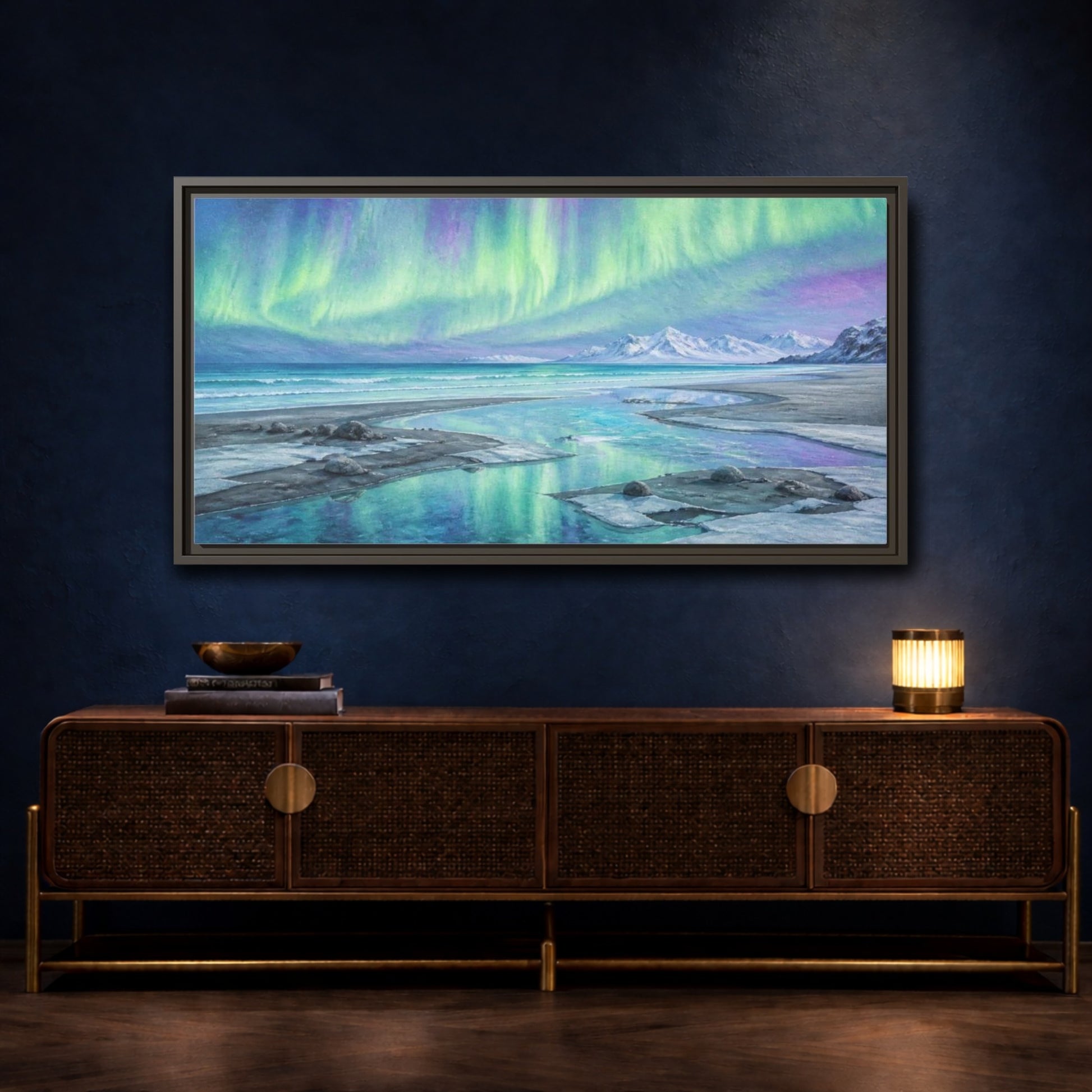 Mockup 4. Aurora Coastal Beach shown as framed canvas print