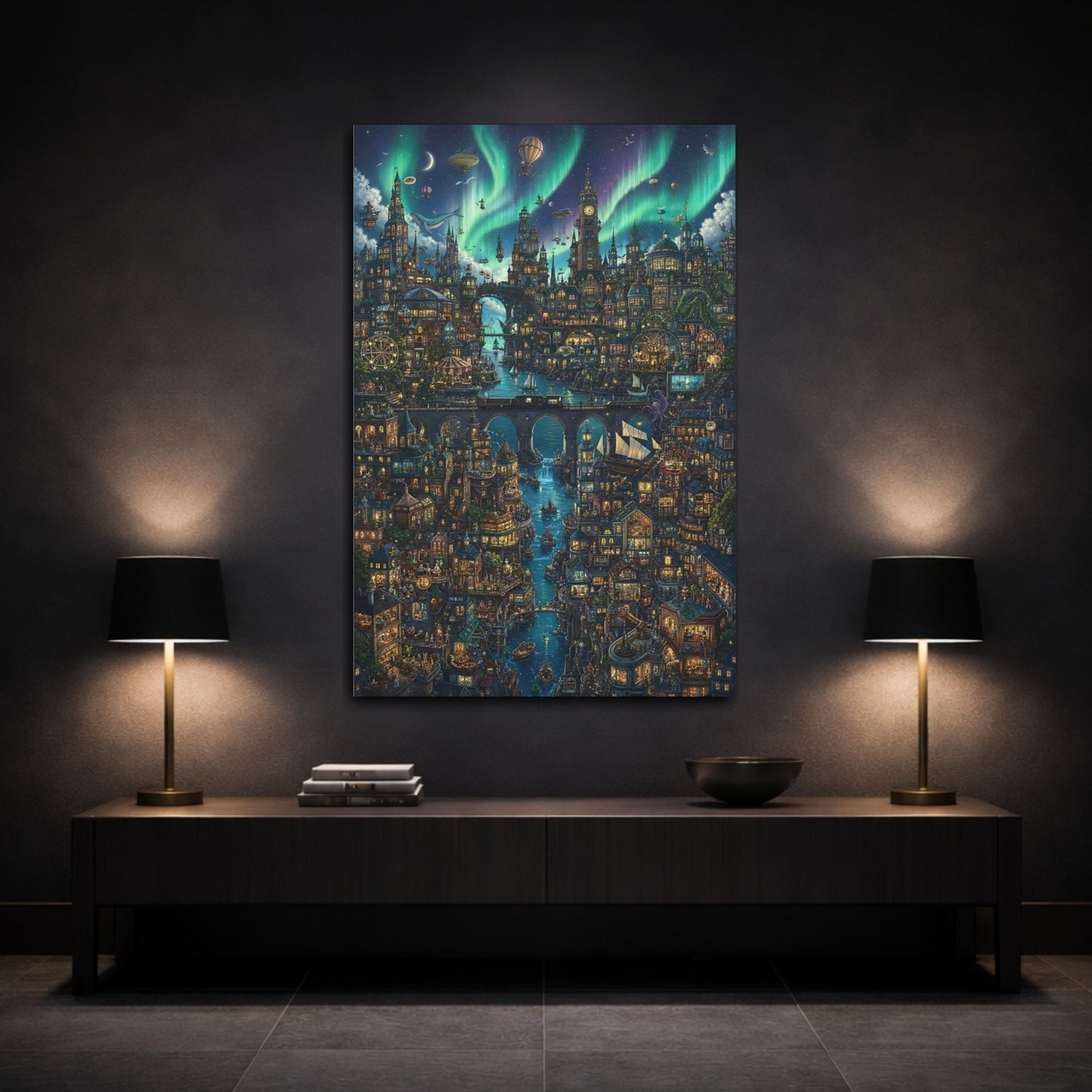 Mockup 3. Aurora Harbor City shown as canvas print