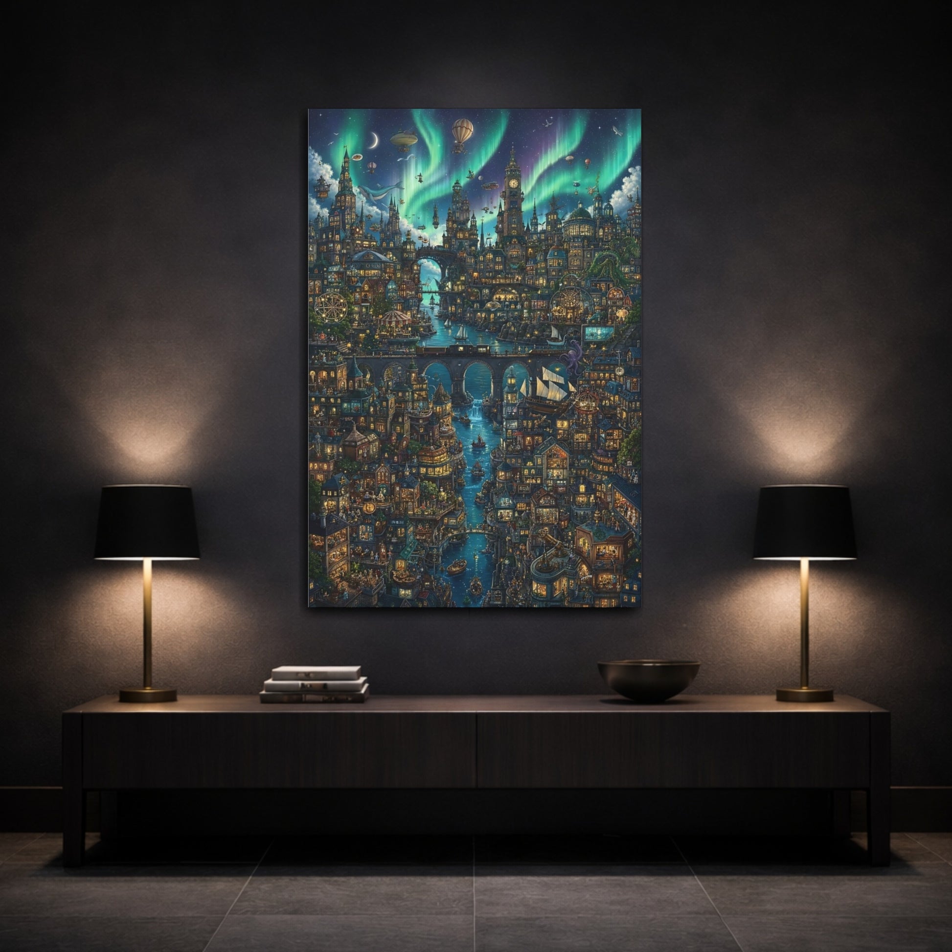 Mockup 3. Aurora Harbor City shown as canvas print