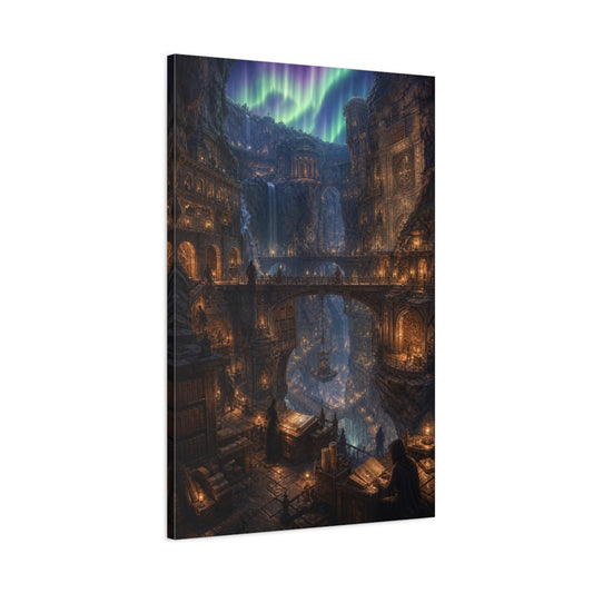 Main Mockup. Aurora-Lit Underground Library shown as canvas print
