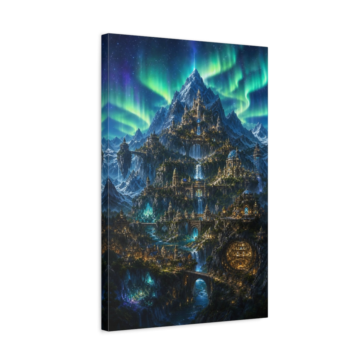 Side Mockup 3. Aurora Mountain Citadel shown as canvas print