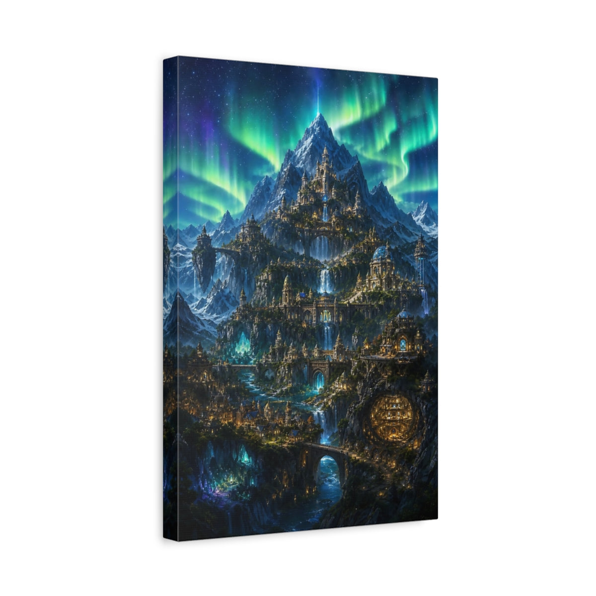 Side Mockup 4. Aurora Mountain Citadel shown as canvas print