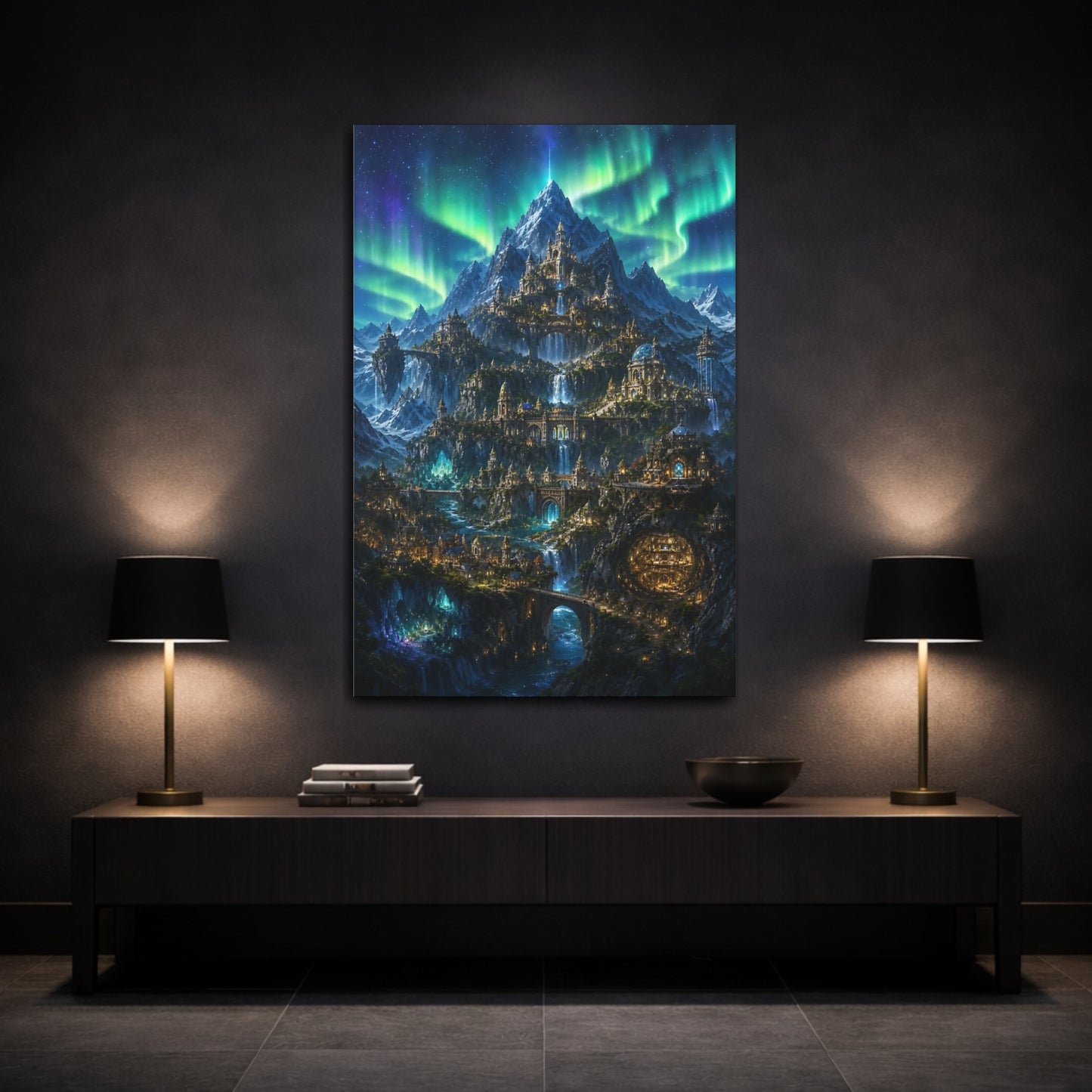 Mockup 3. Aurora Mountain Citadel shown as canvas print