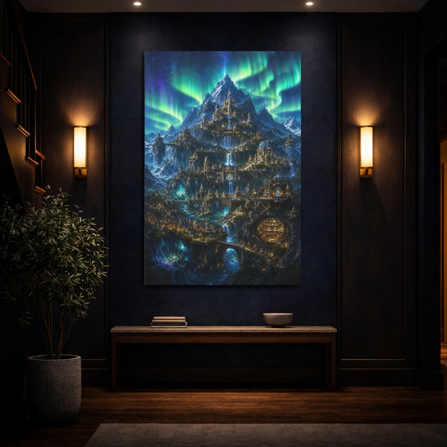 Mockup 4. Aurora Mountain Citadel shown as canvas print