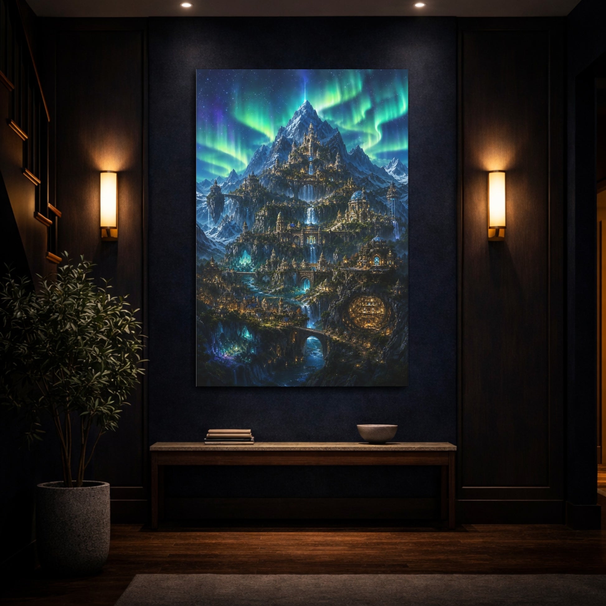 Mockup 4. Aurora Mountain Citadel shown as canvas print