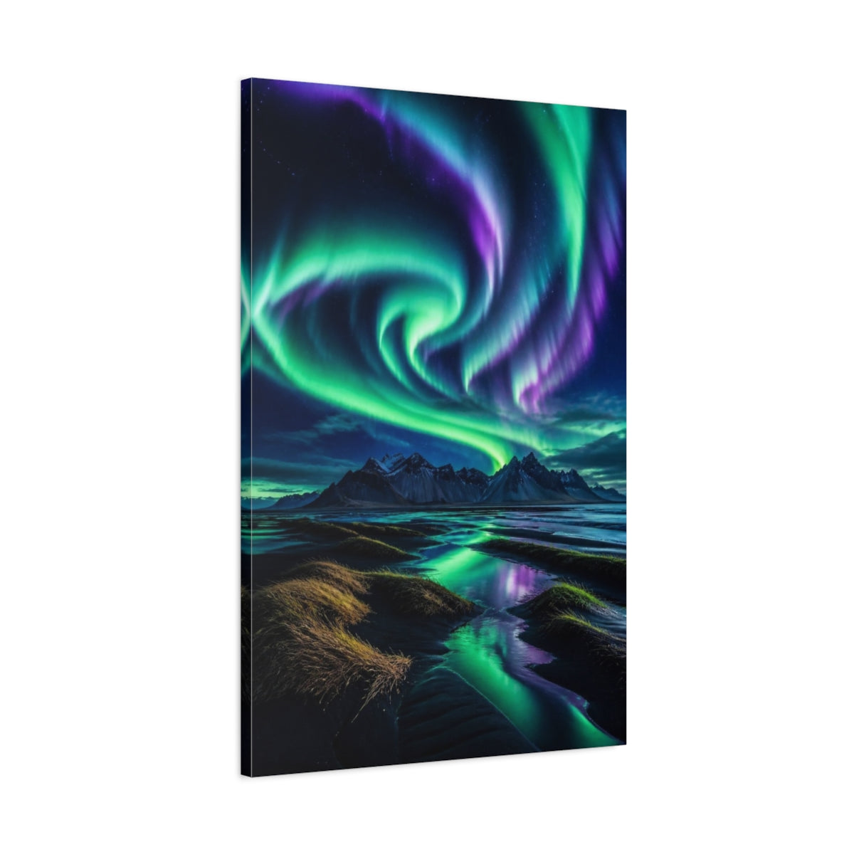 Main Mockup. Aurora Over Black Sand shown as canvas print