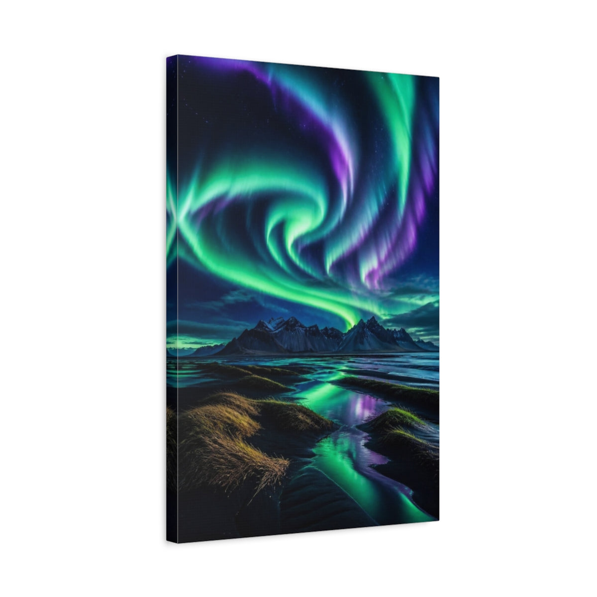 Side Mockup 3. Aurora Over Black Sand shown as canvas print