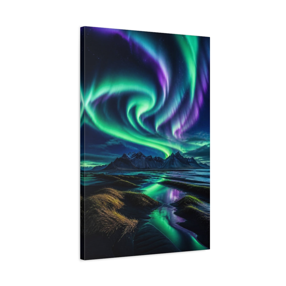 Side Mockup 2. Aurora Over Black Sand shown as canvas print