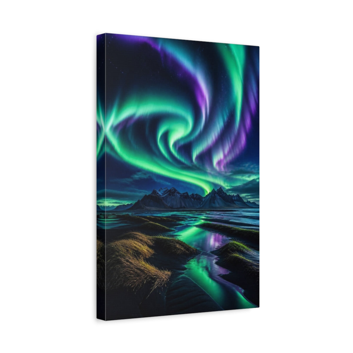Side Mockup 4. Aurora Over Black Sand shown as canvas print