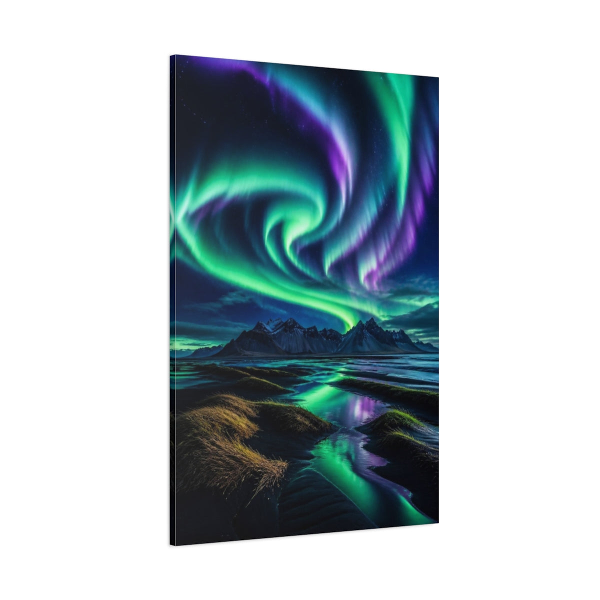 Side Mockup 1. Aurora Over Black Sand shown as canvas print