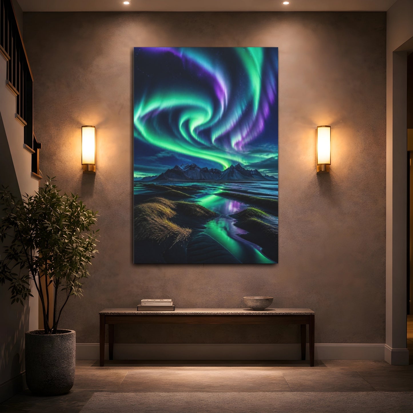 Mockup 2. Aurora Over Black Sand shown as canvas print