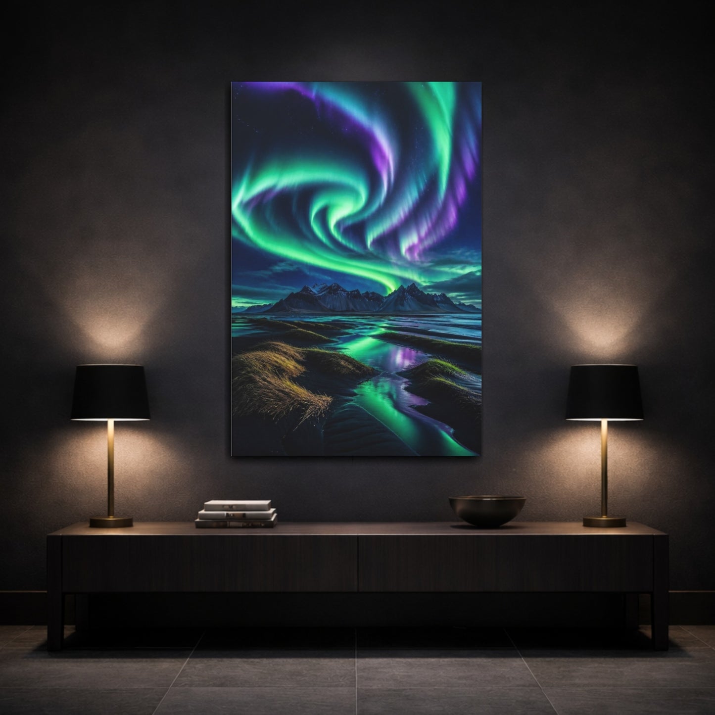 Mockup 3. Aurora Over Black Sand shown as canvas print