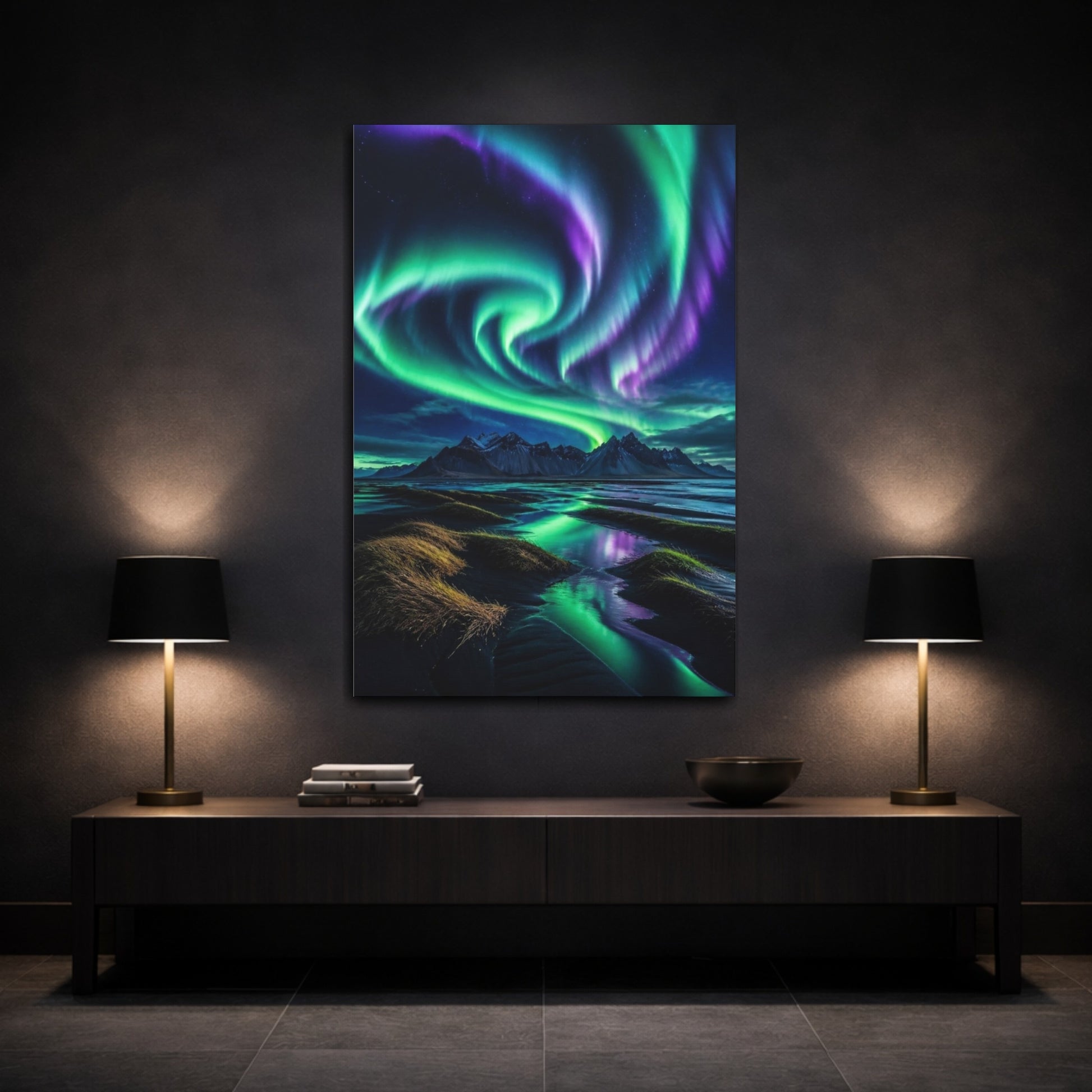 Mockup 3. Aurora Over Black Sand shown as canvas print