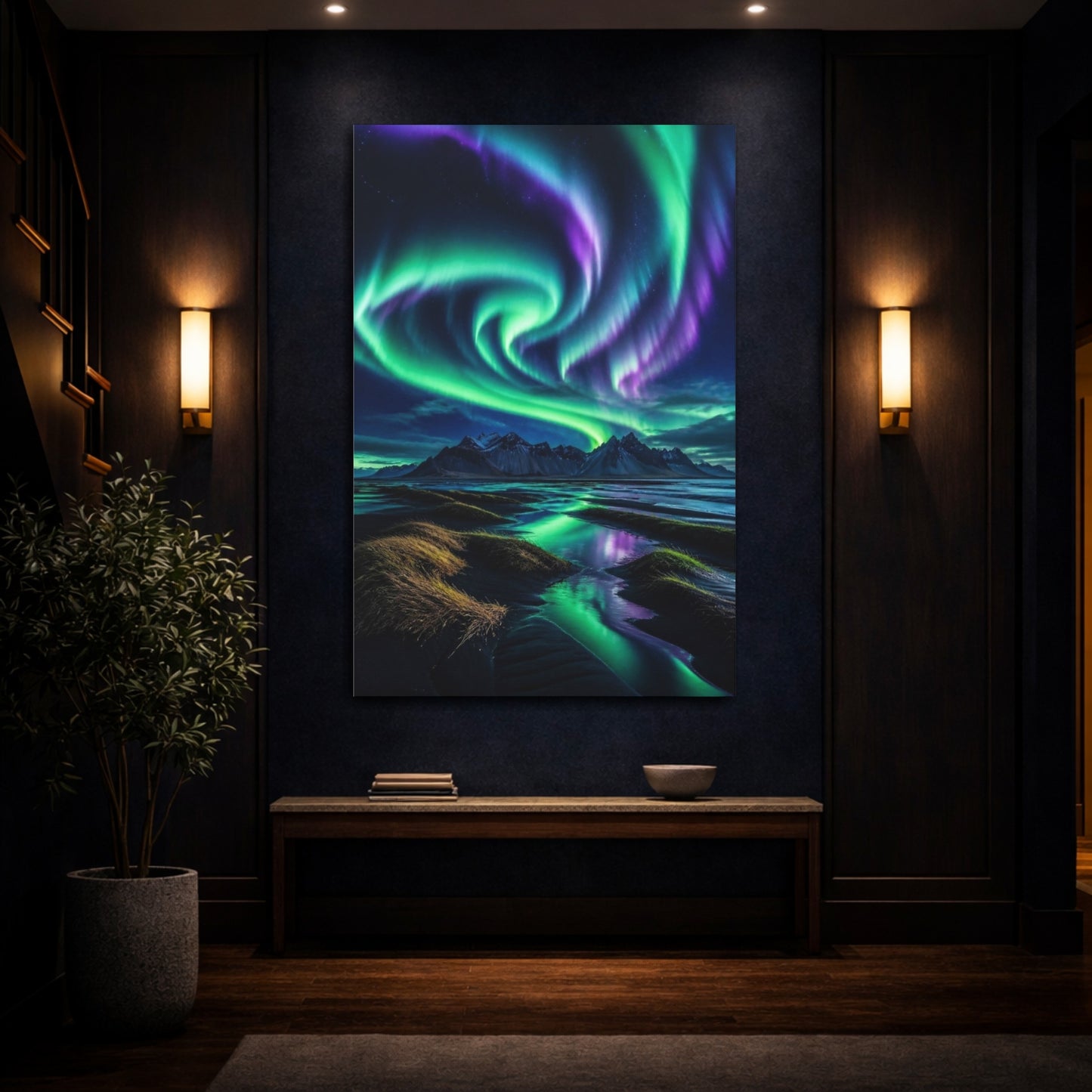 Mockup 4. Aurora Over Black Sand shown as canvas print