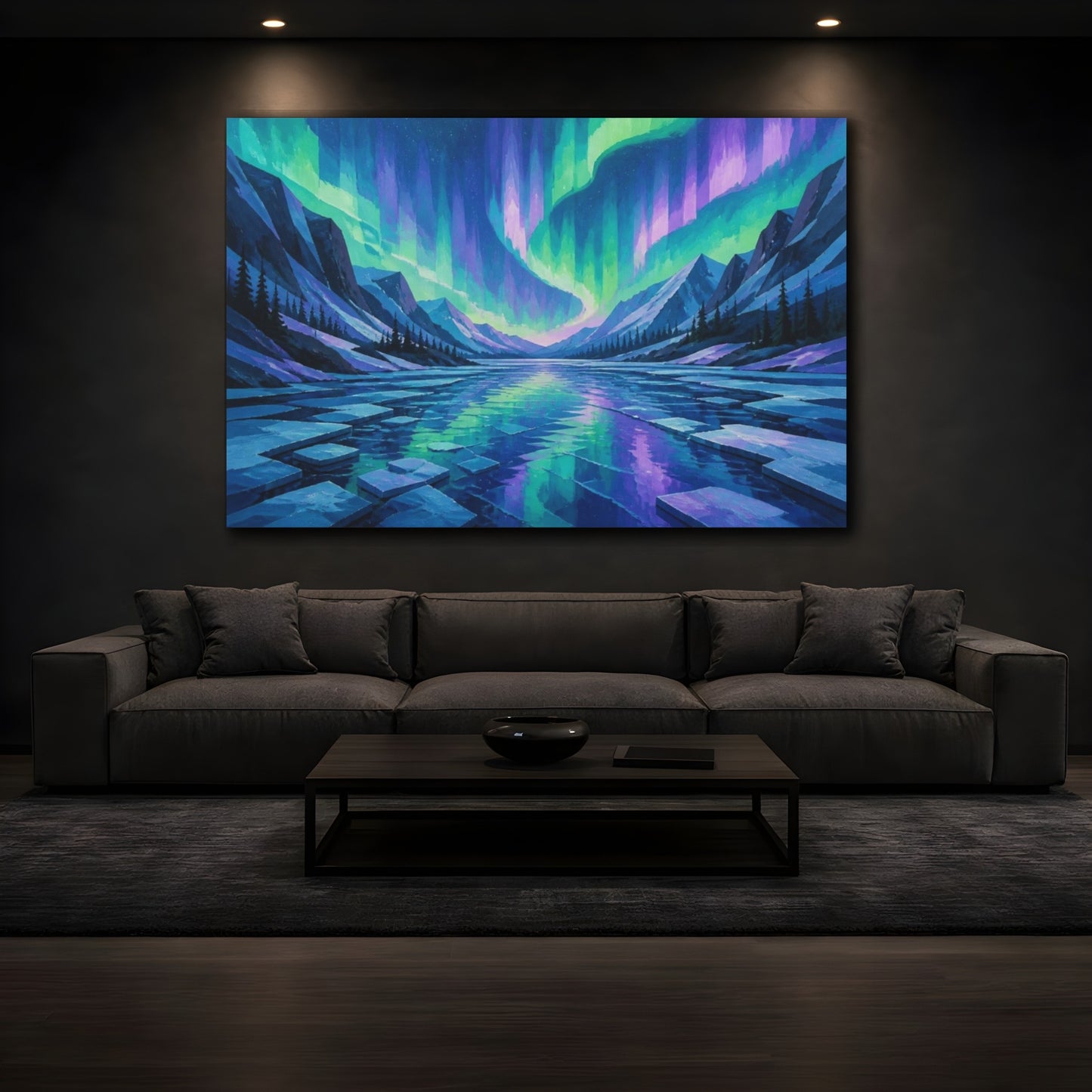 Mockup 3. Aurora Over Frozen Lake shown as canvas print