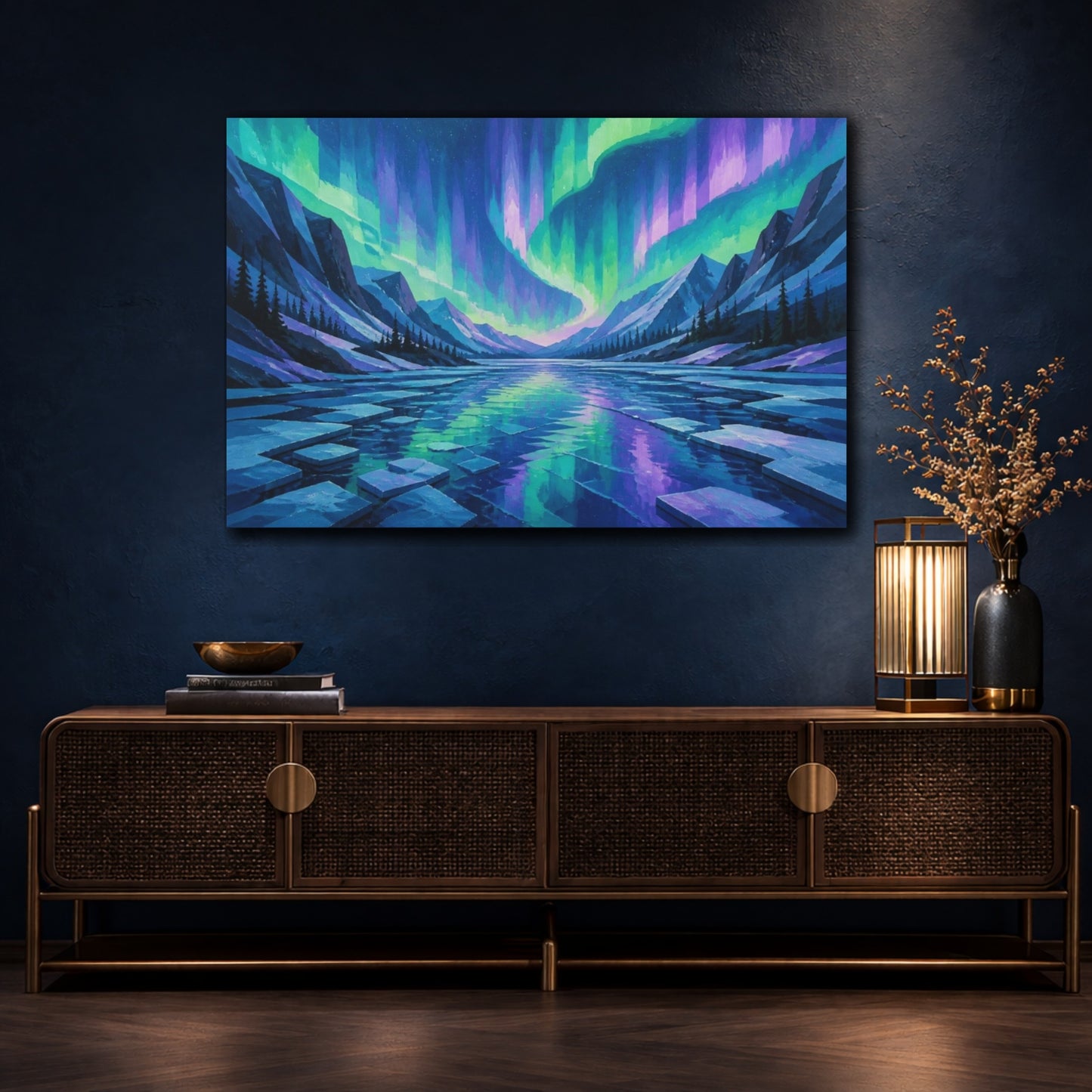 Mockup 4. Aurora Over Frozen Lake shown as canvas print
