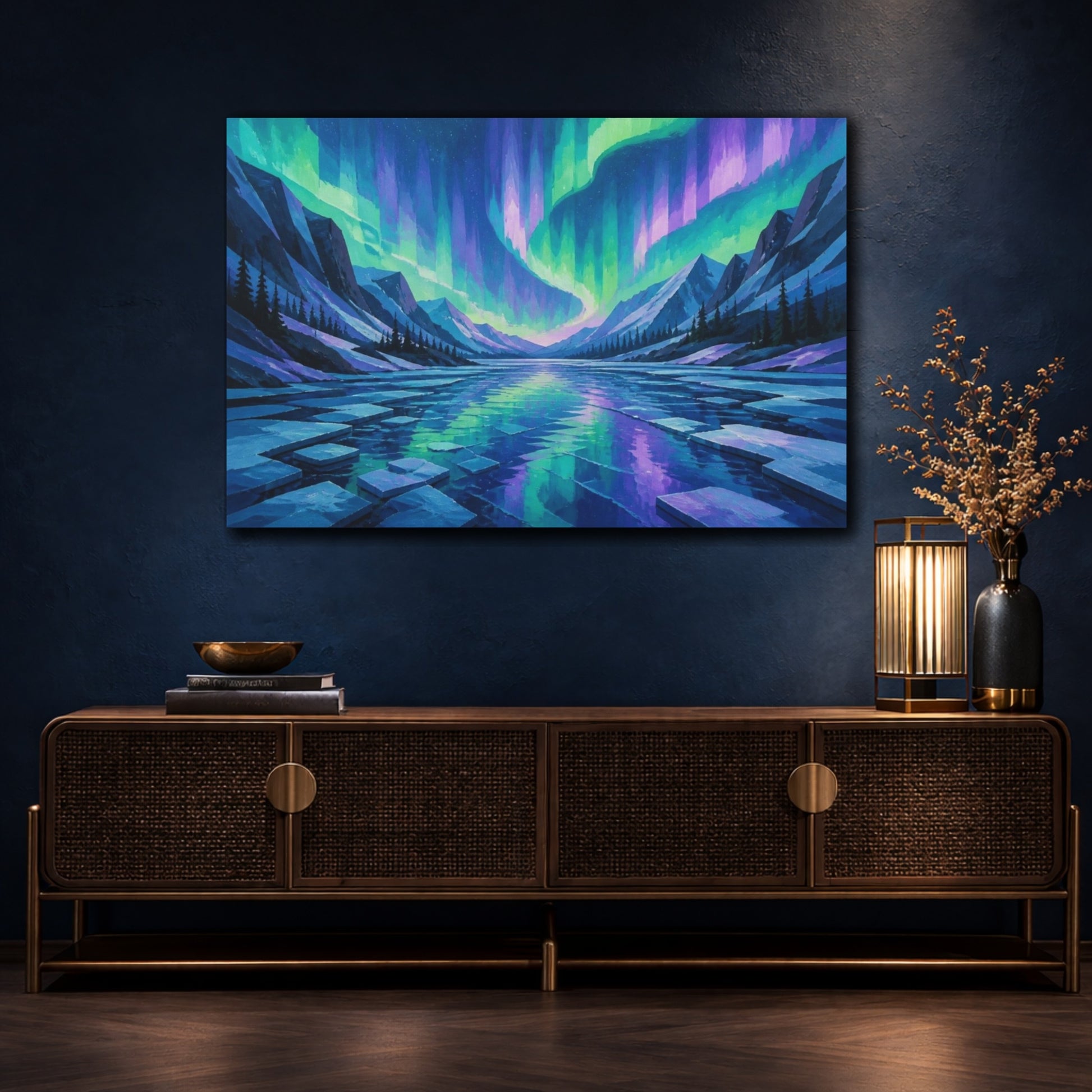 Mockup 4. Aurora Over Frozen Lake shown as canvas print