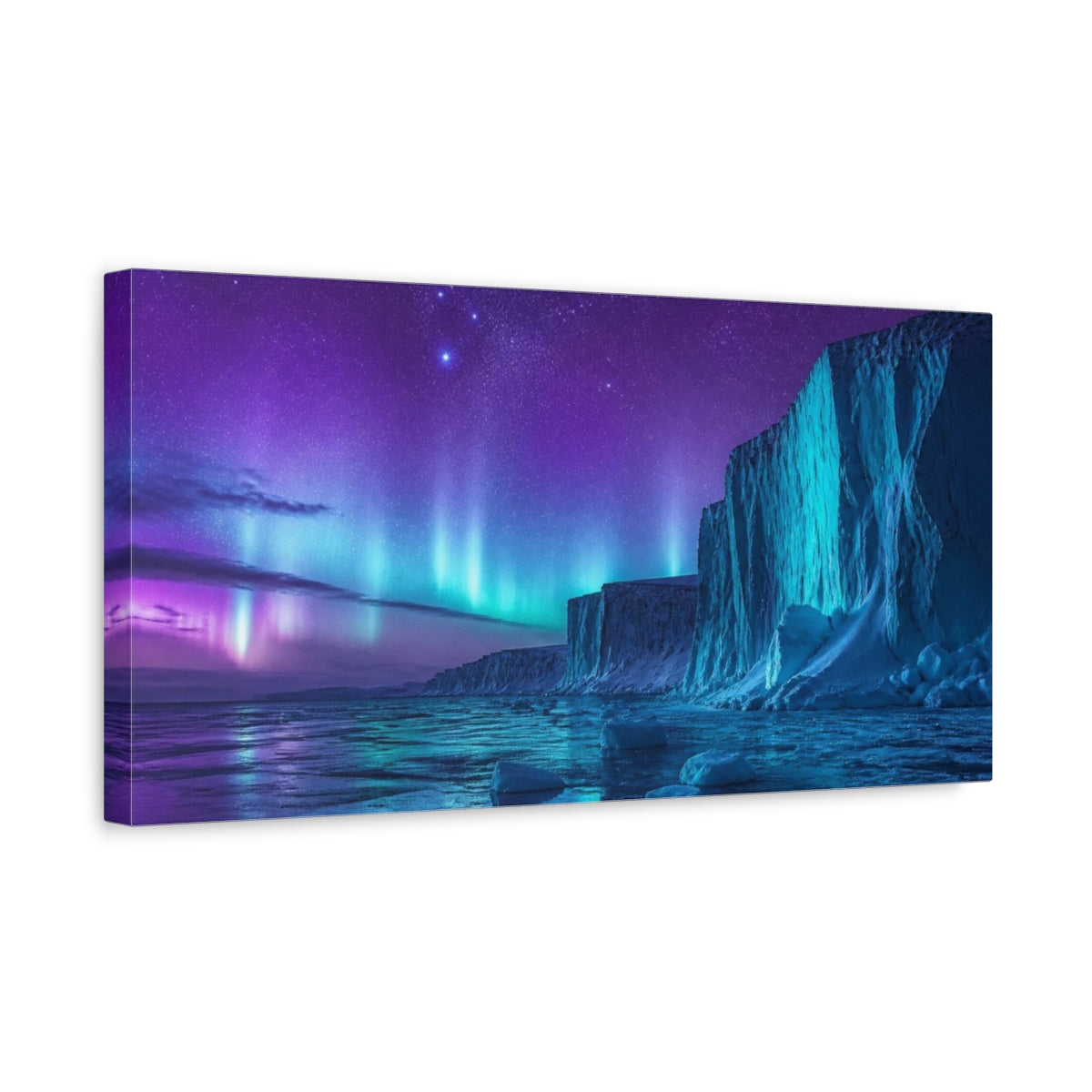 Side Mockup 3. Aurora Over Ice Cliffs shown as canvas print