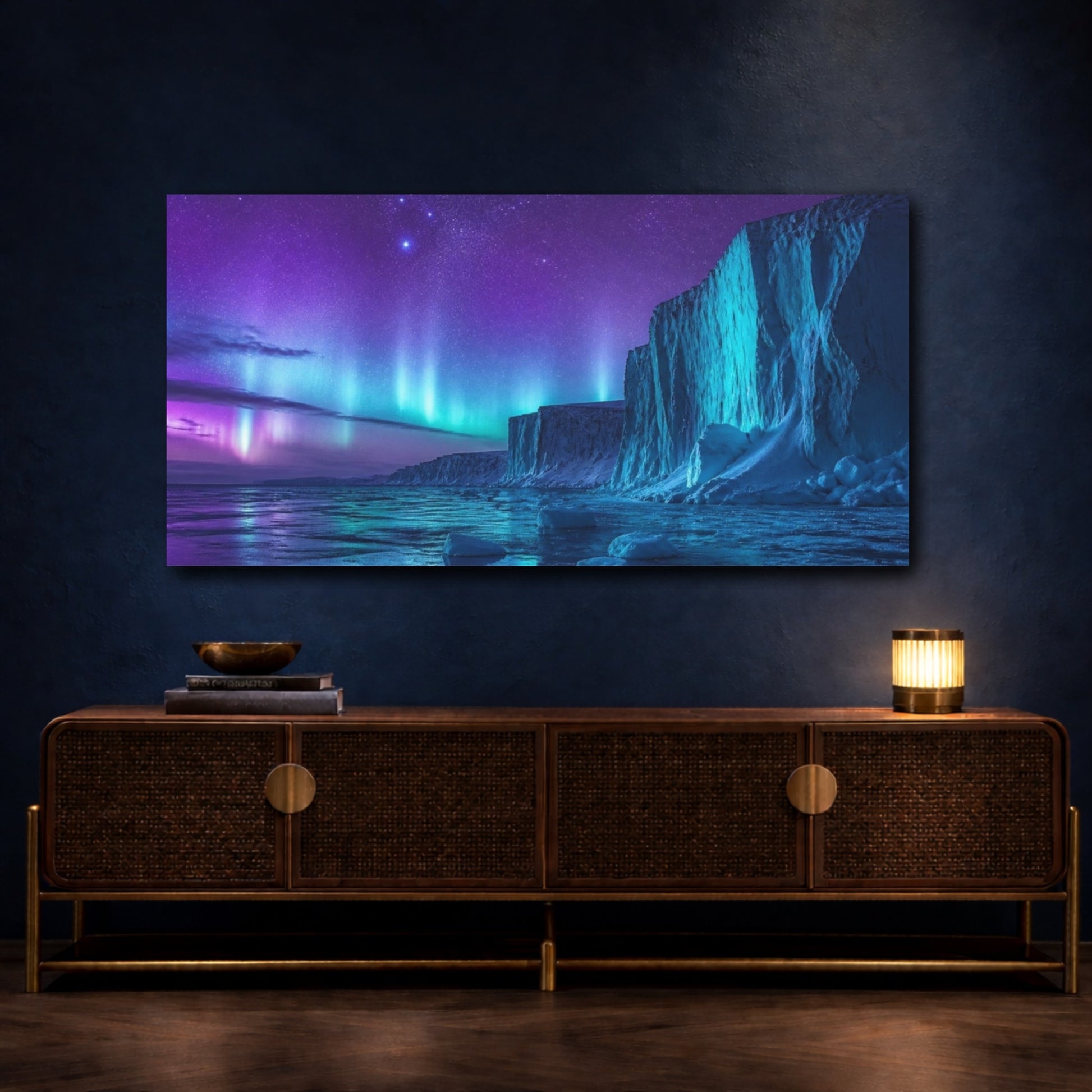 Mockup 4. Aurora Over Ice Cliffs shown as canvas print