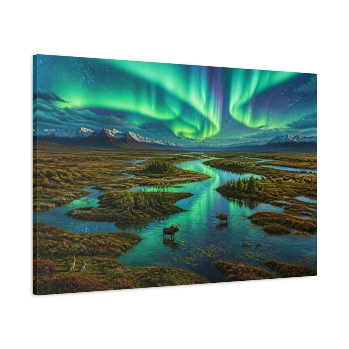 Main Mockup. Aurora Over Meandering River shown as canvas print
