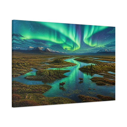 Main Mockup. Aurora Over Meandering River shown as canvas print