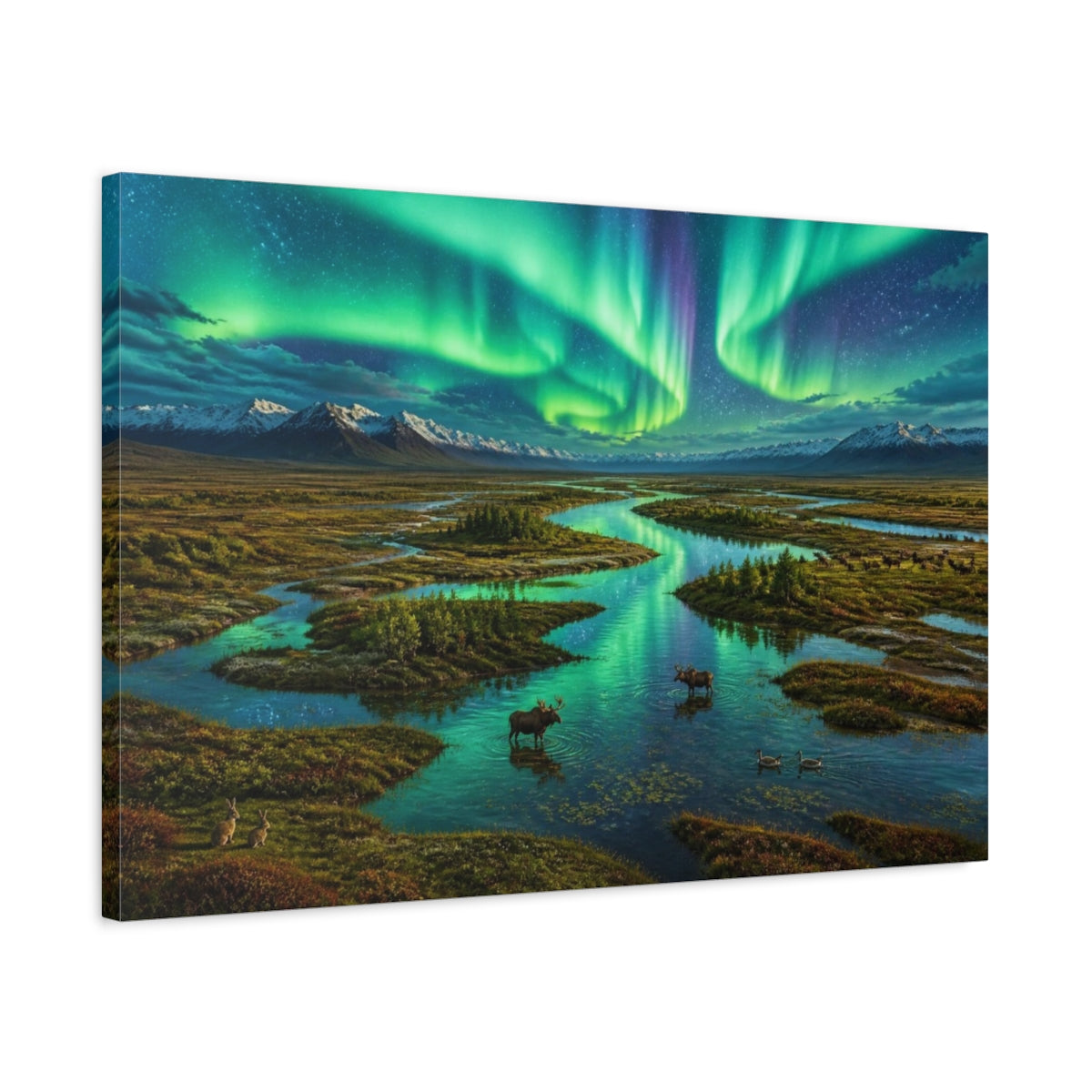 Side Mockup 2. Aurora Over Meandering River shown as canvas print