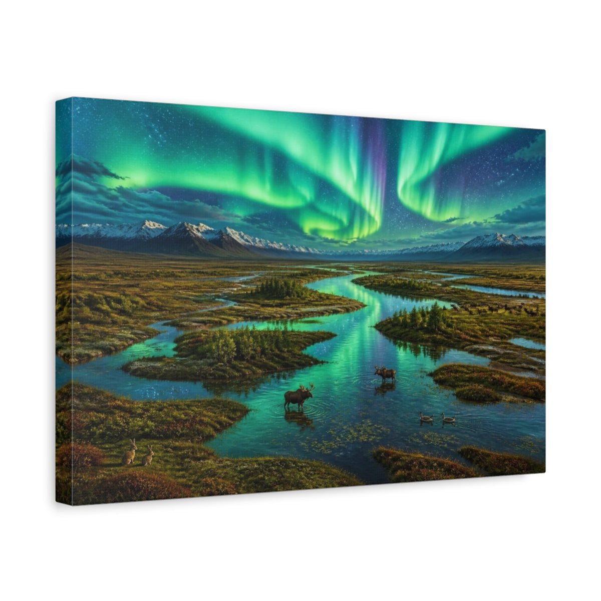 Side Mockup 4. Aurora Over Meandering River shown as canvas print