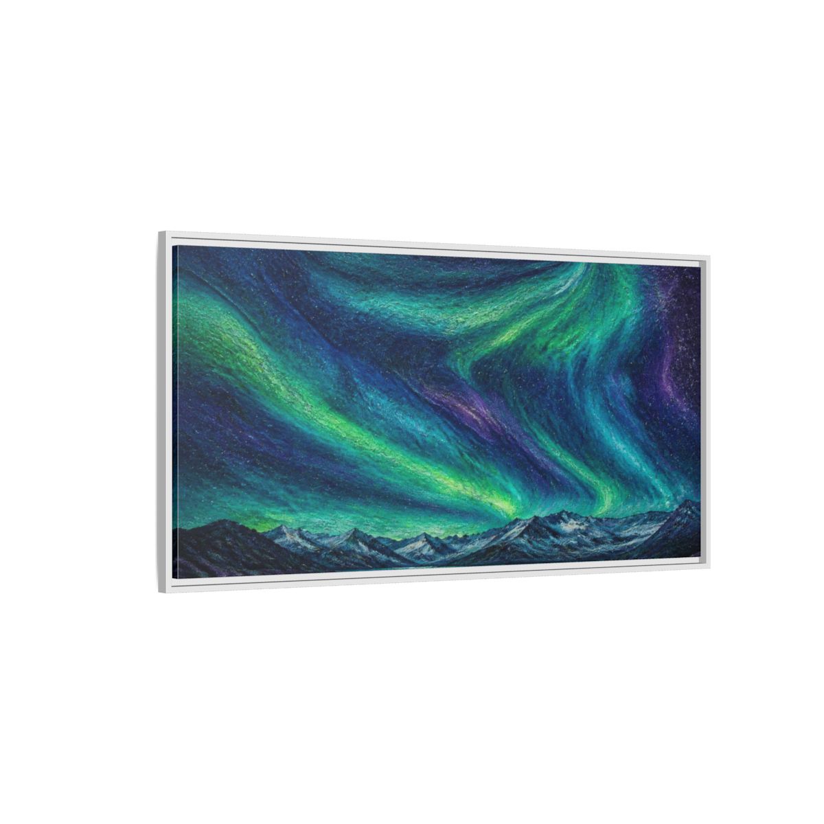 Side Mockup 3. Aurora Ribbons Over Alpine Lake shown as framed canvas print