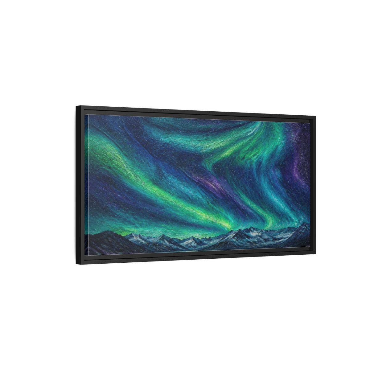 Side Mockup 2. Aurora Ribbons Over Alpine Lake shown as framed canvas print