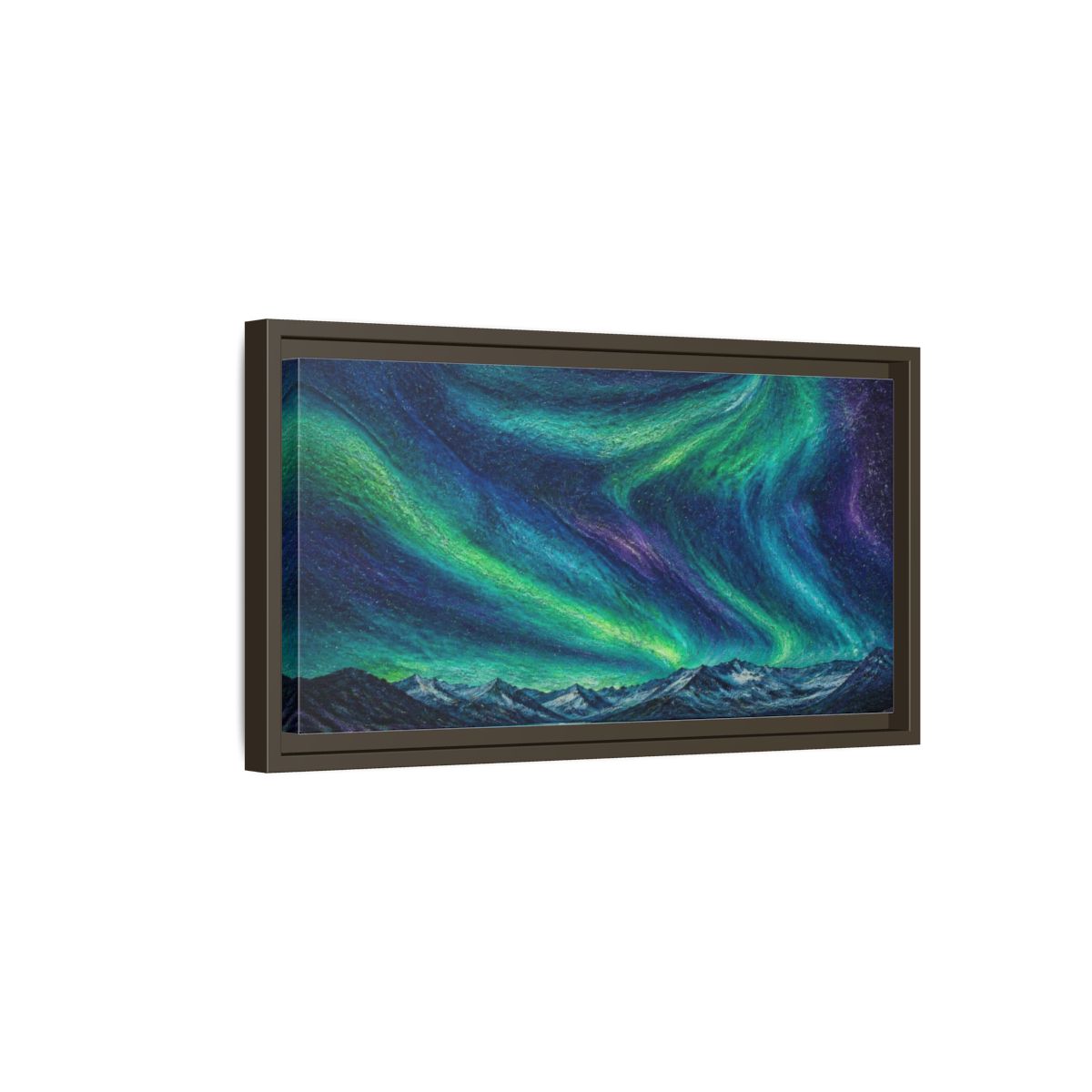 Side Mockup 7. Aurora Ribbons Over Alpine Lake shown as framed canvas print