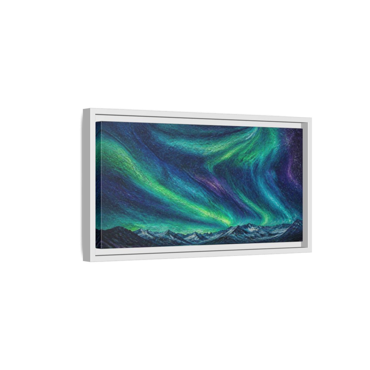 Side Mockup 6. Aurora Ribbons Over Alpine Lake shown as framed canvas print
