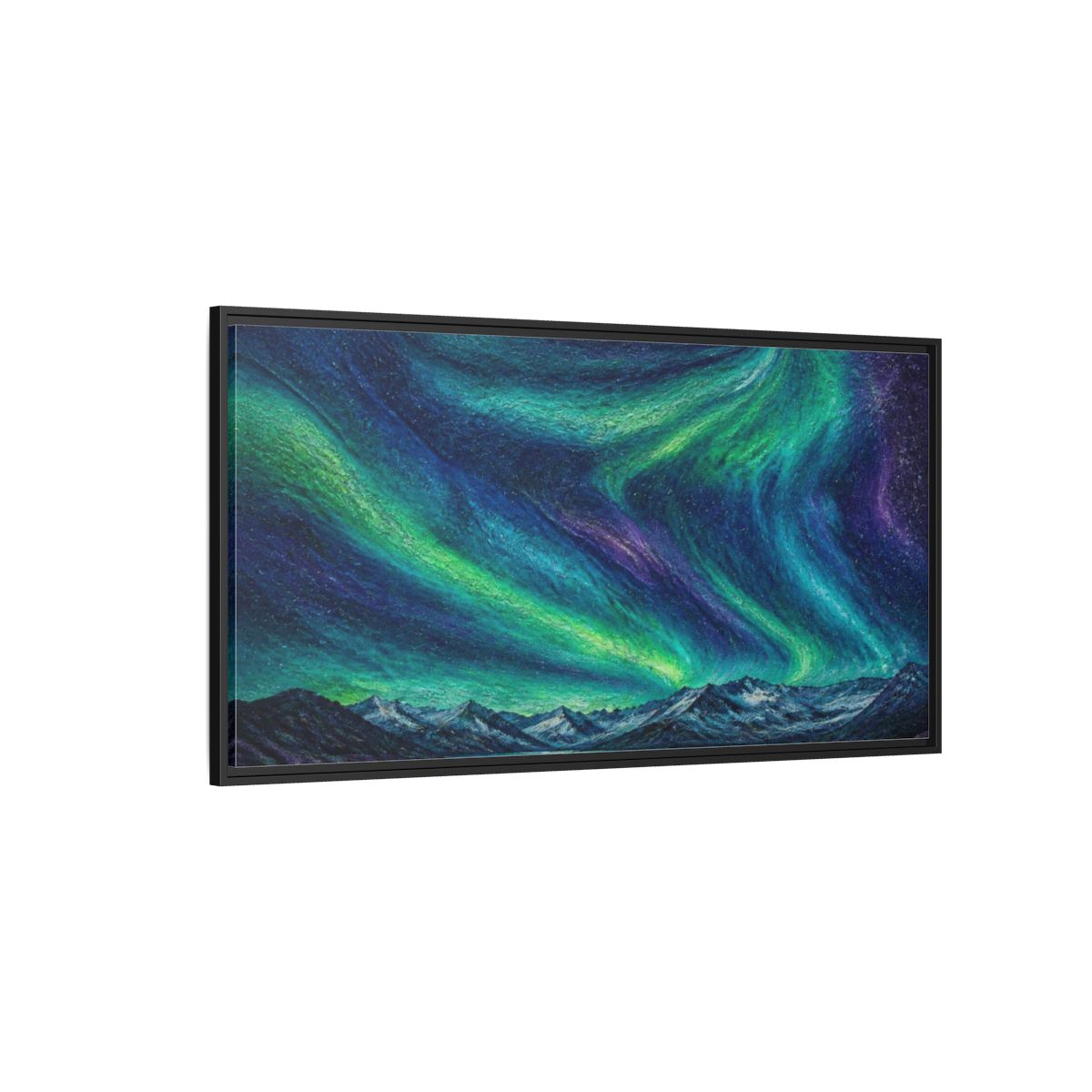 Side Mockup 5. Aurora Ribbons Over Alpine Lake shown as framed canvas print