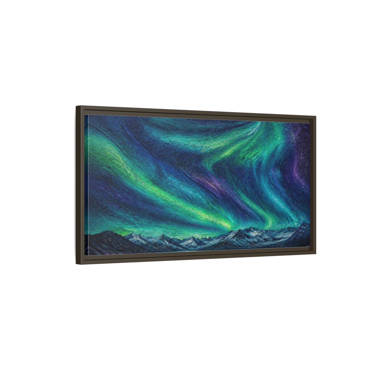 Main Mockup. Aurora Ribbons Over Alpine Lake shown as framed canvas print