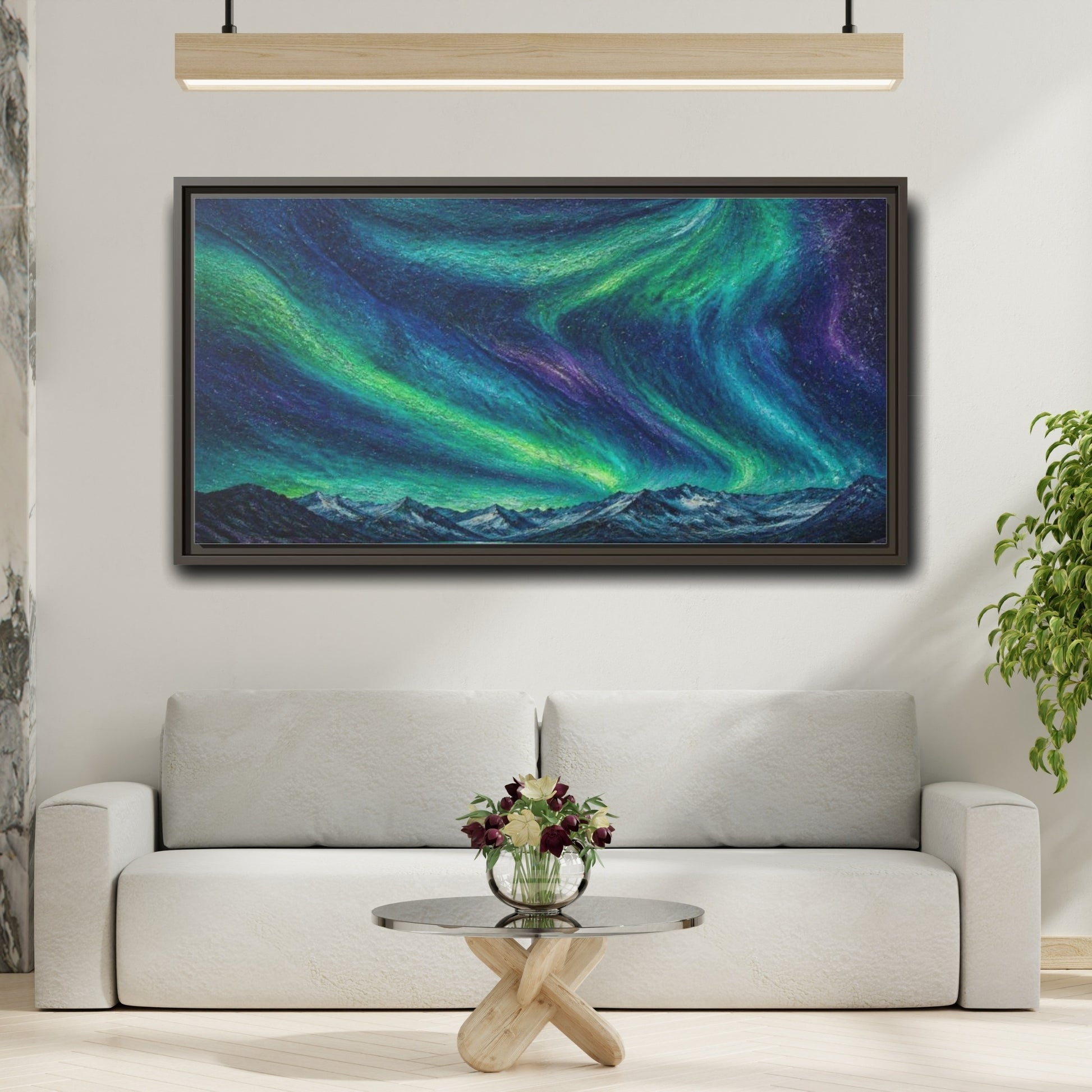 Mockup 2. Aurora Ribbons Over Alpine Lake shown as framed canvas print