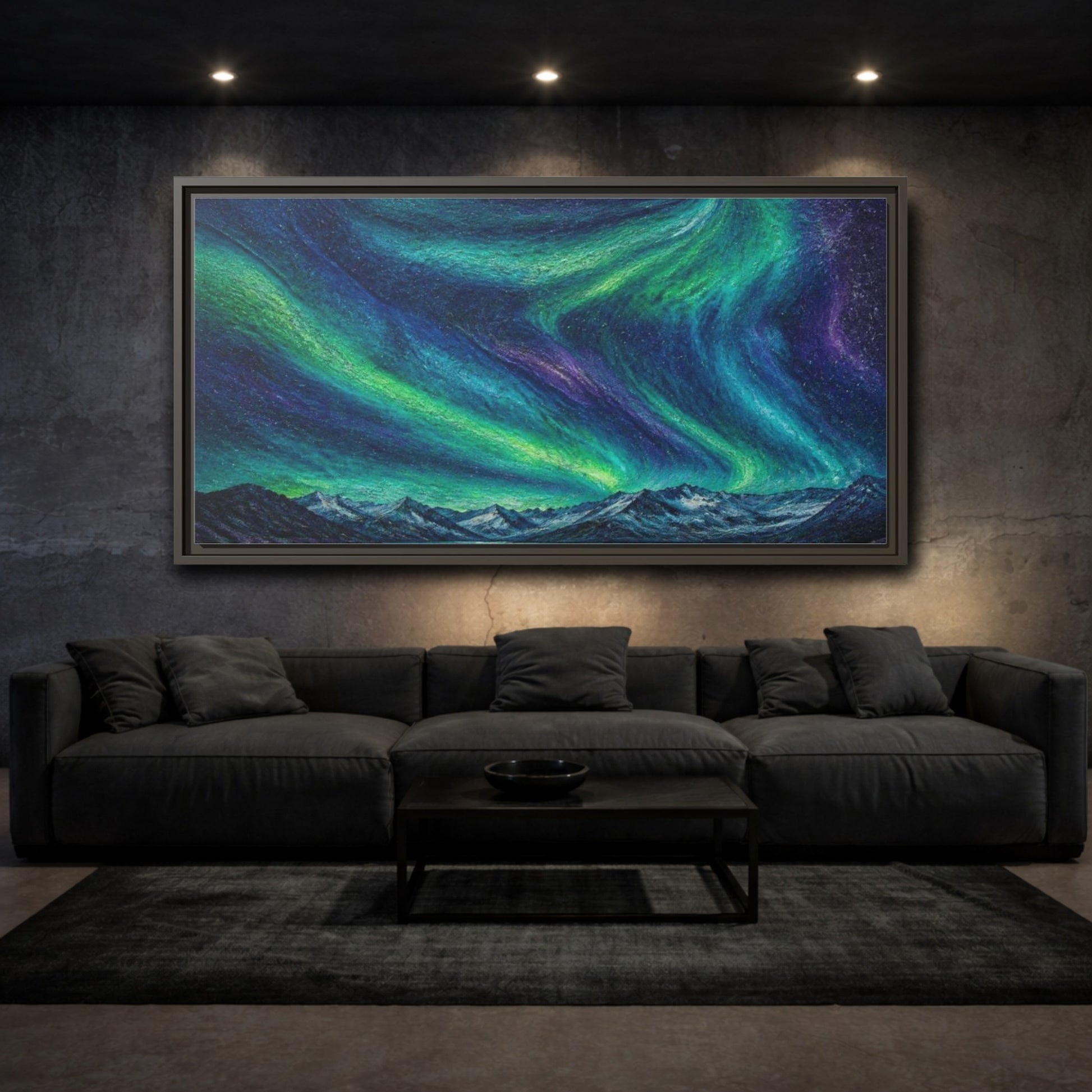 Mockup 3. Aurora Ribbons Over Alpine Lake shown as framed canvas print