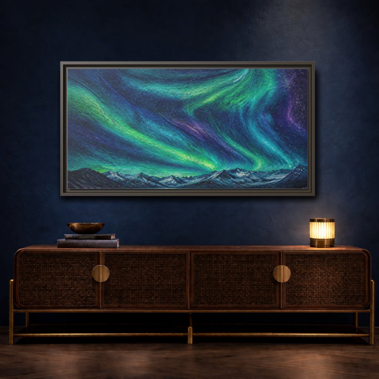 Mockup 4. Aurora Ribbons Over Alpine Lake shown as framed canvas print