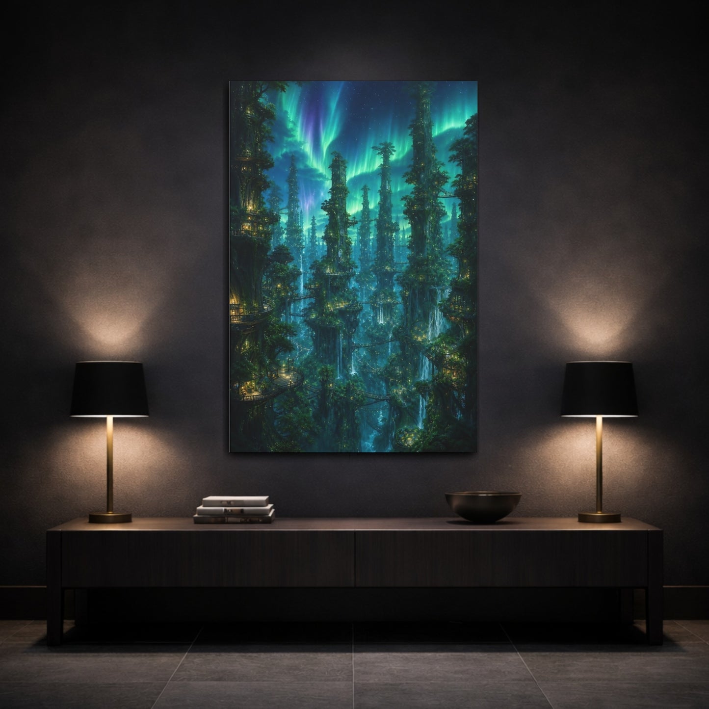 Mockup 3. Aurora Tree City shown as canvas print