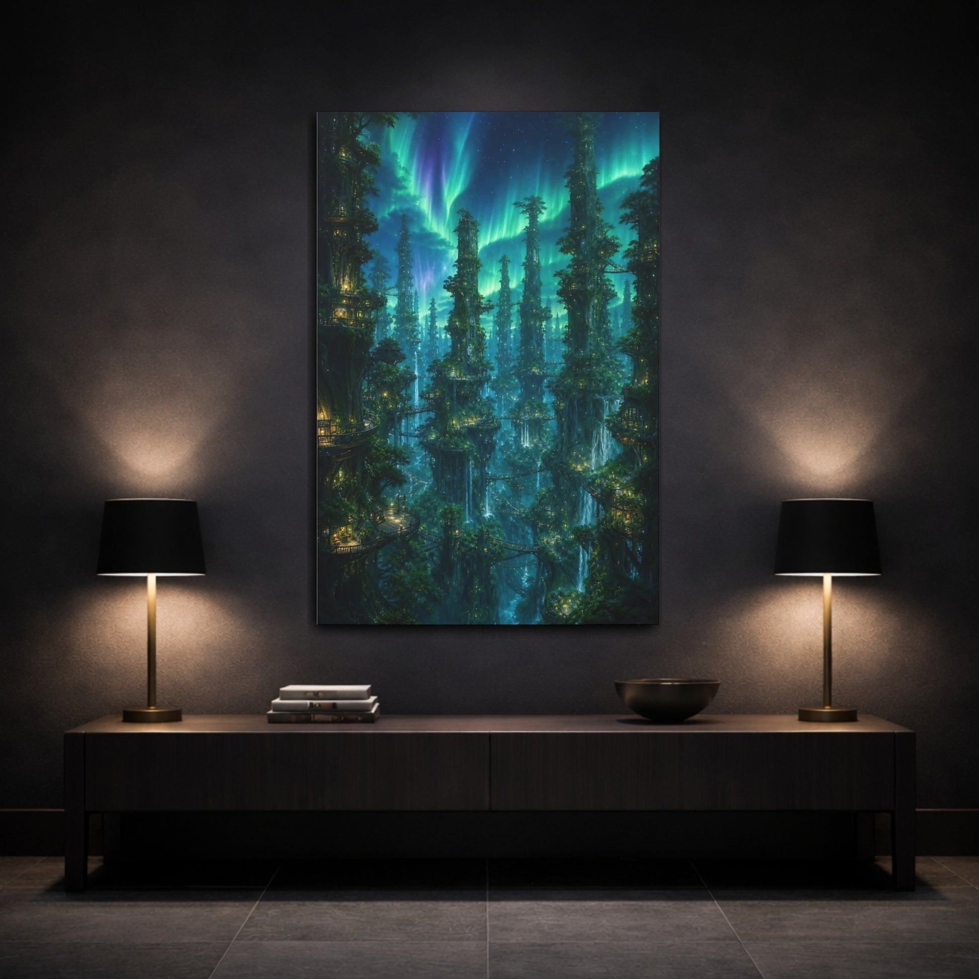 Mockup 3. Aurora Tree City shown as canvas print