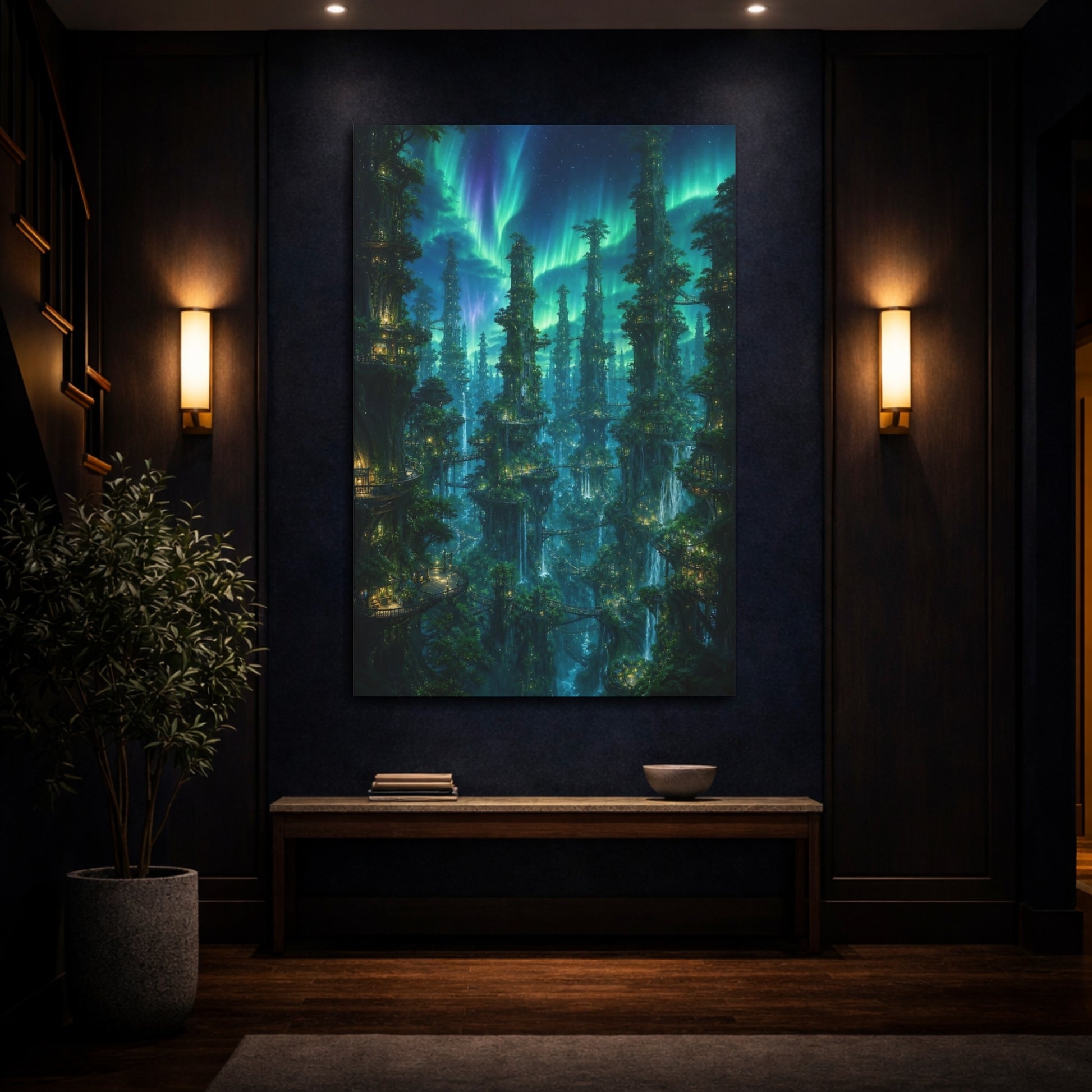 Mockup 4. Aurora Tree City shown as canvas print