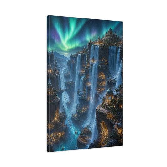 Main Mockup. Aurora Waterfall City shown as canvas print