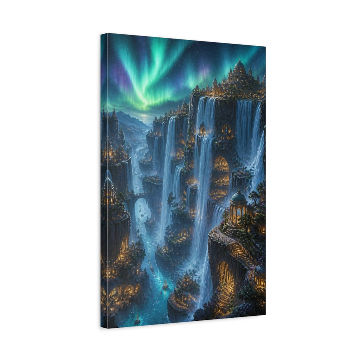Side Mockup 3. Aurora Waterfall City shown as canvas print