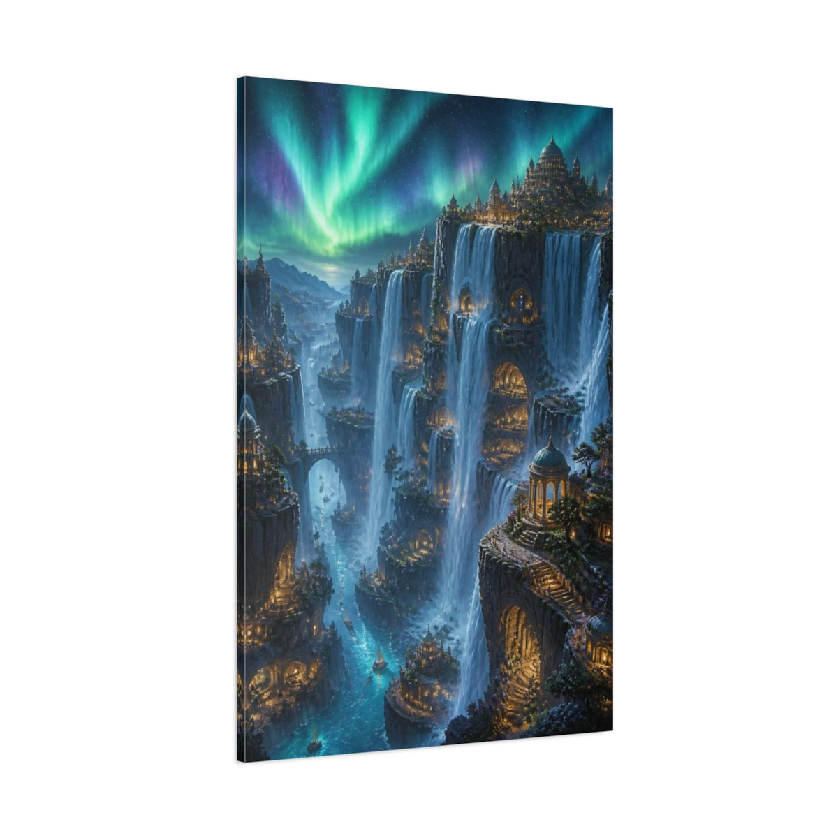 Side Mockup 1. Aurora Waterfall City shown as canvas print