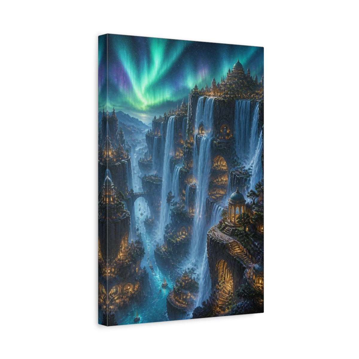 Side Mockup 4. Aurora Waterfall City shown as canvas print