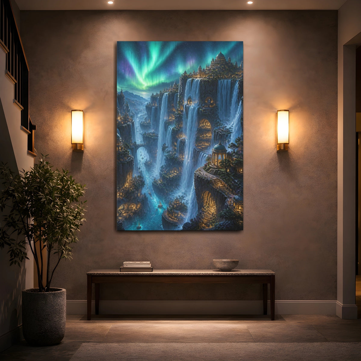 Mockup 2. Aurora Waterfall City shown as canvas print